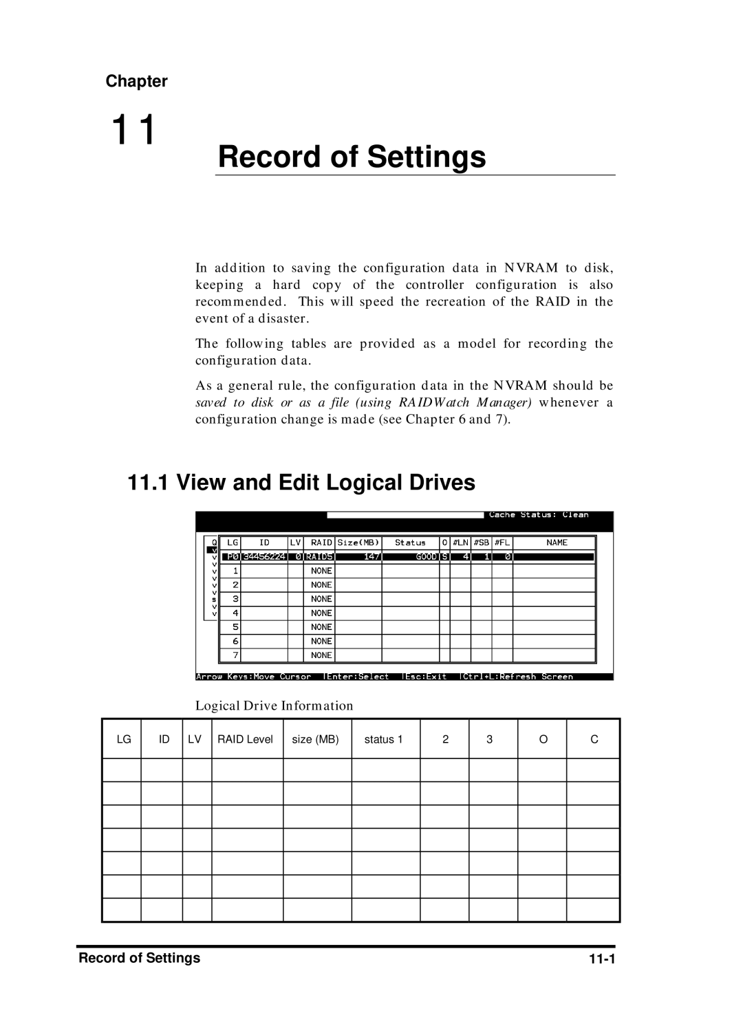 Compaq Infortrend manual View and Edit Logical Drives, Record of Settings 11-1 