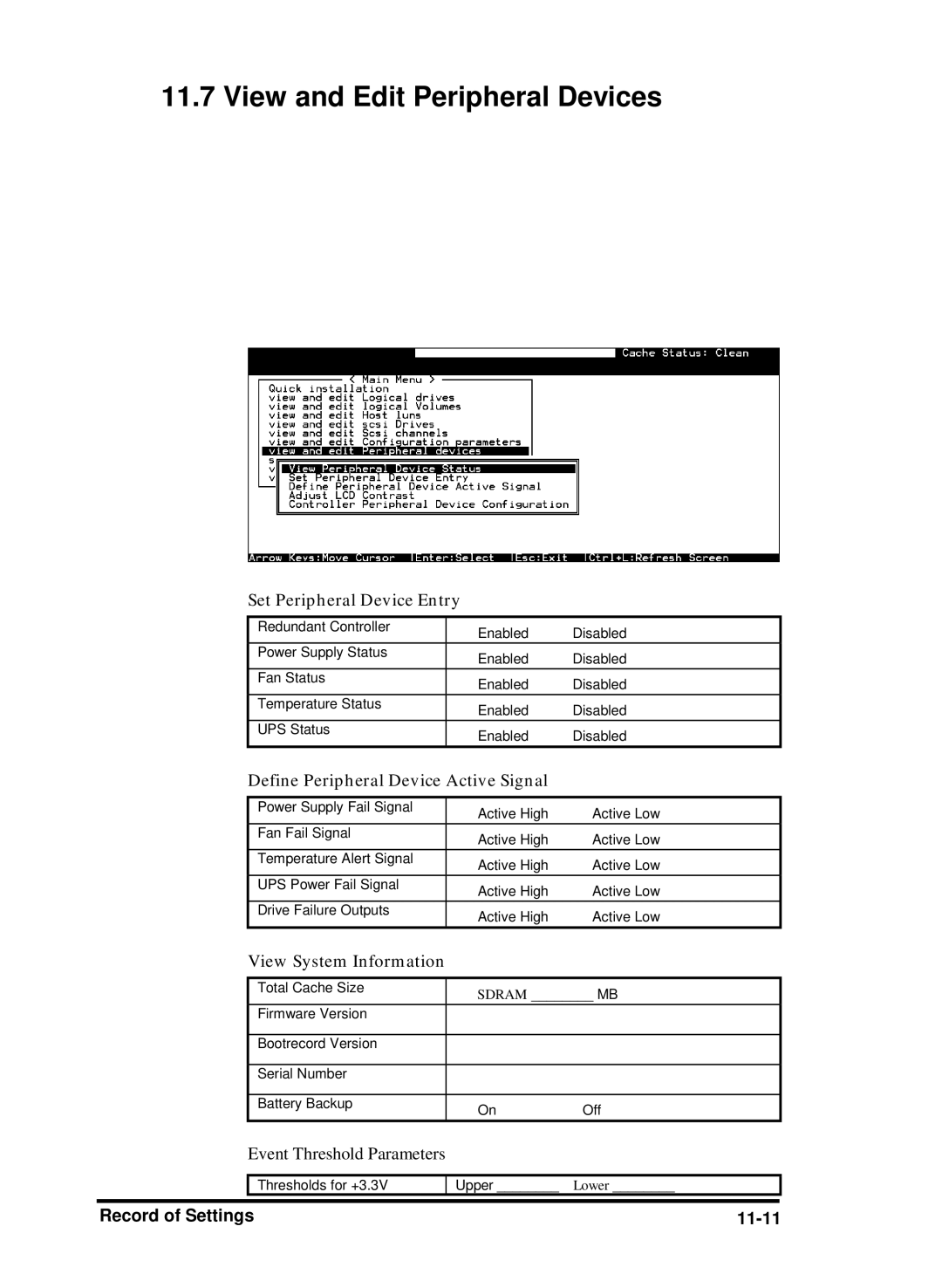 Compaq Infortrend manual View and Edit Peripheral Devices, Record of Settings 11-11 