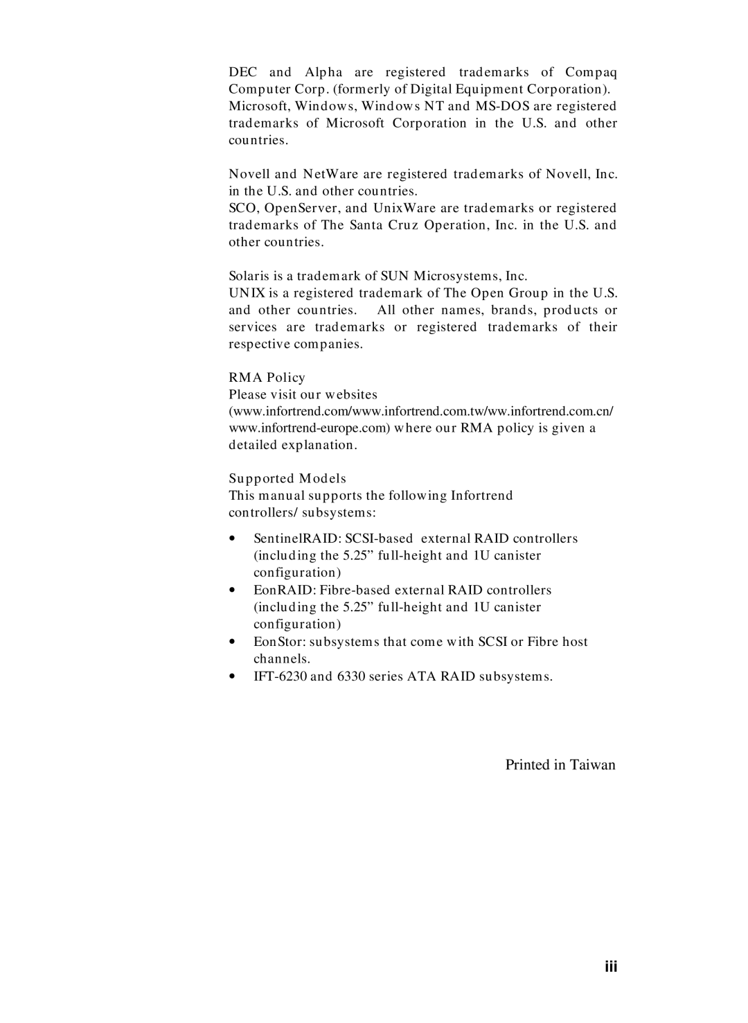 Compaq Infortrend manual Iii, RMA Policy, Supported Models 