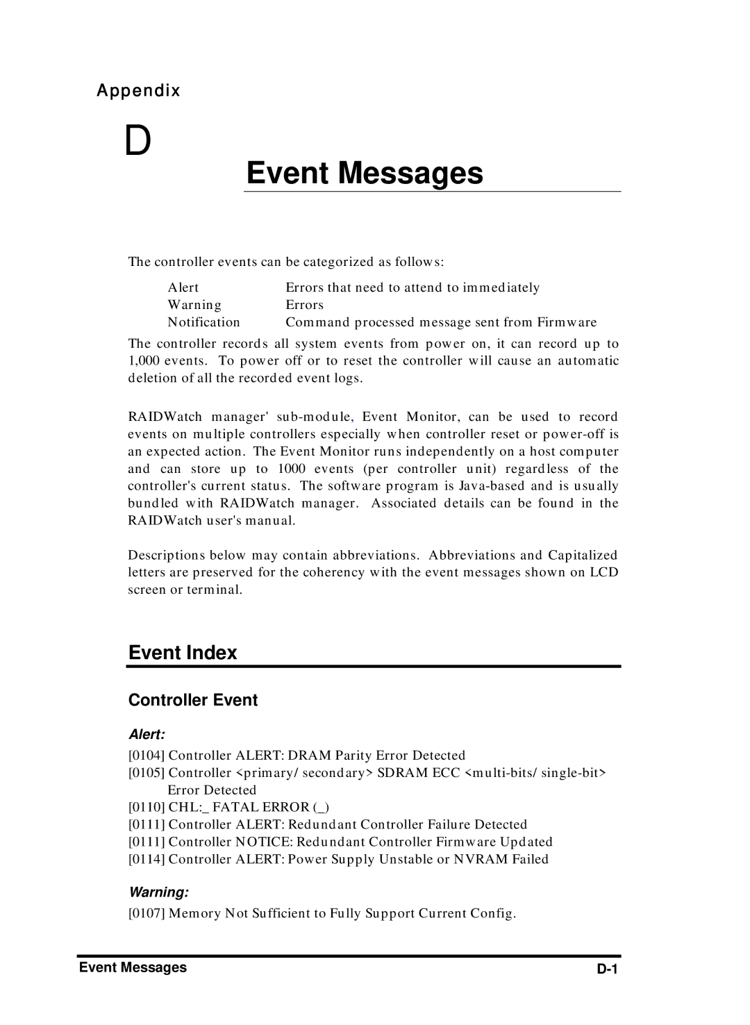 Compaq Infortrend manual Event Index, Controller Event, Event Messages 