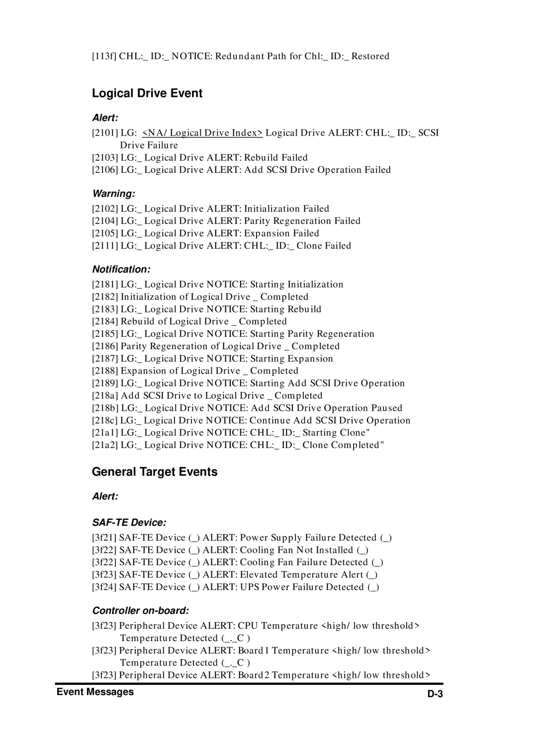 Compaq Infortrend manual Logical Drive Event, General Target Events 