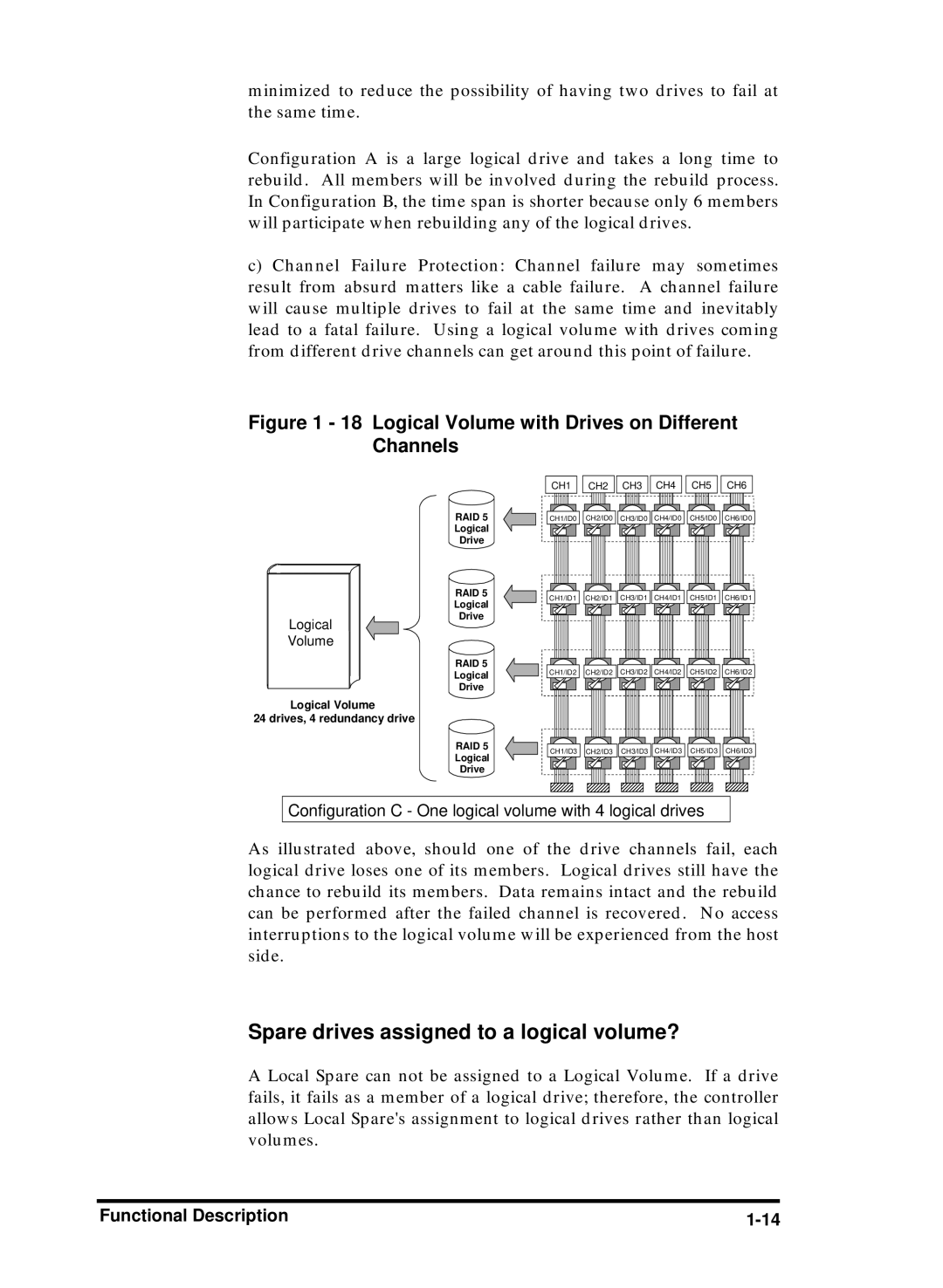 Compaq Infortrend manual Spare drives assigned to a logical volume?, Logical Volume with Drives on Different Channels 