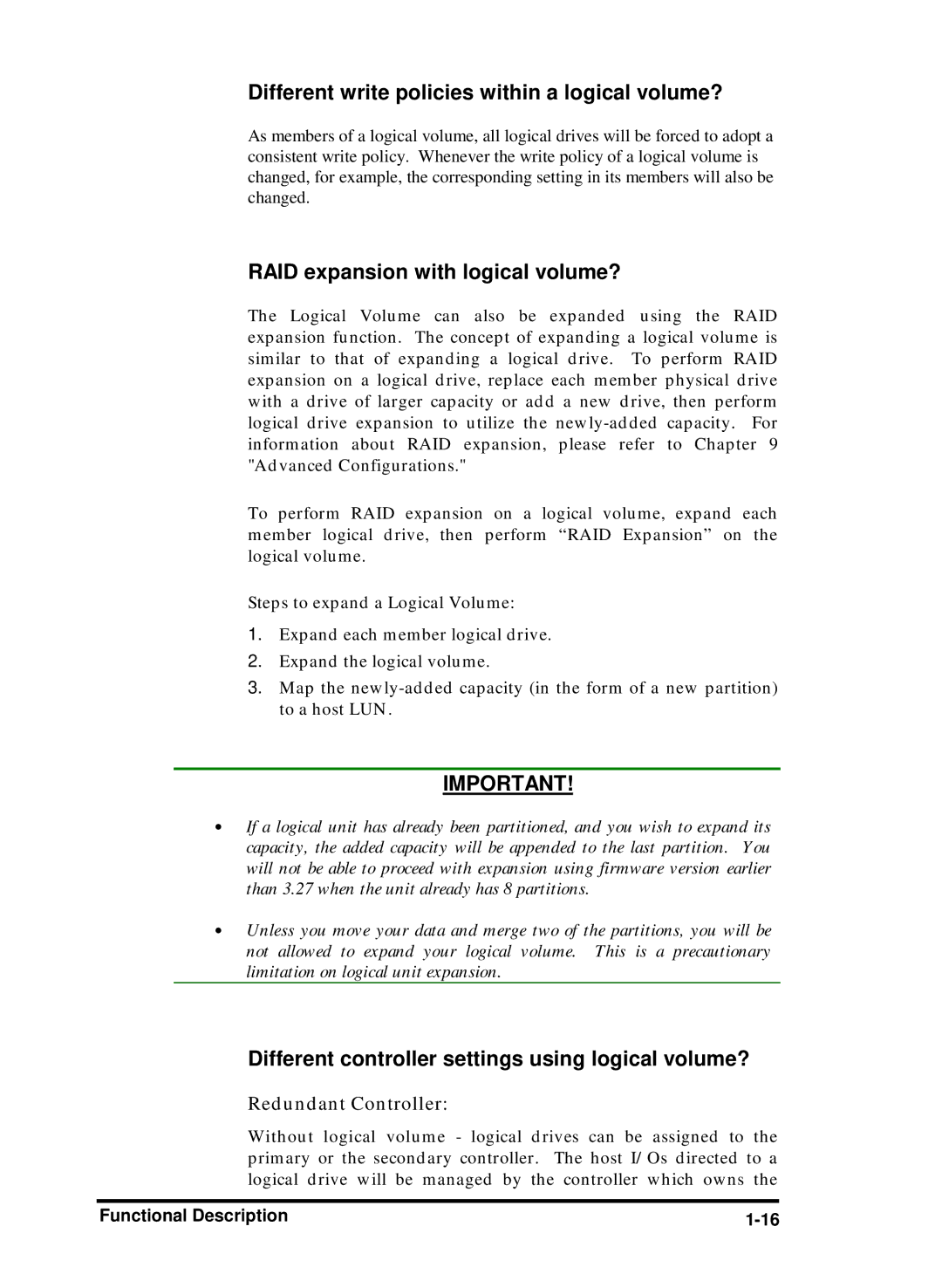 Compaq Infortrend manual Different write policies within a logical volume?, RAID expansion with logical volume? 