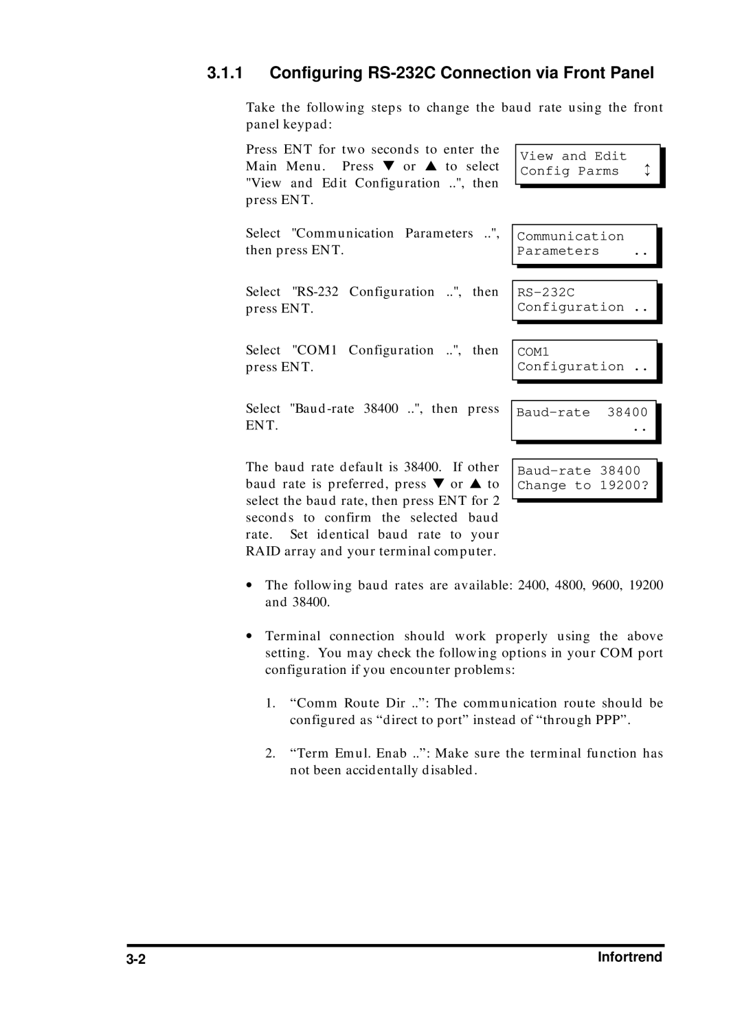 Compaq Infortrend manual Configuring RS-232C Connection via Front Panel 