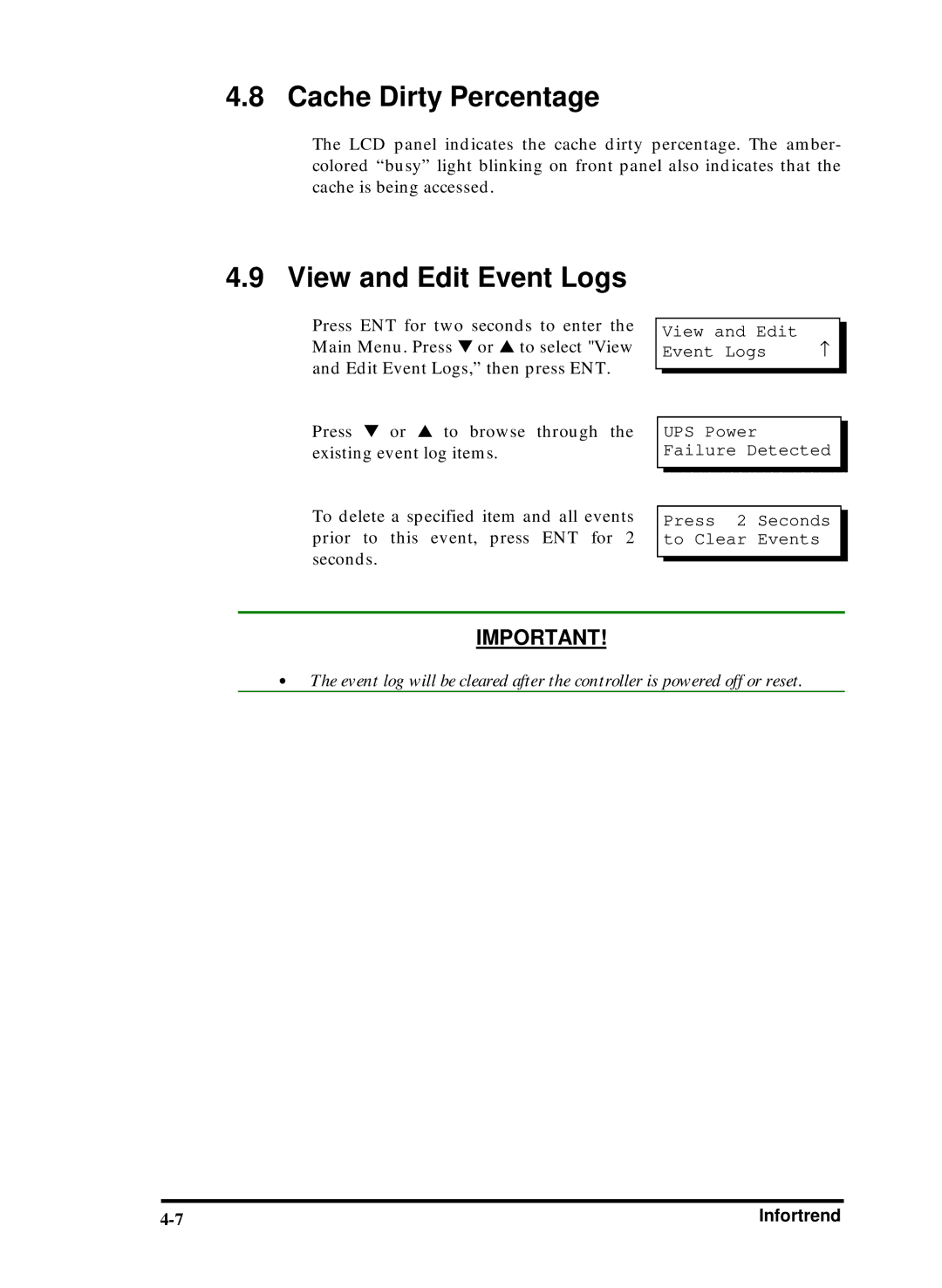 Compaq Infortrend manual Cache Dirty Percentage, View and Edit Event Logs 