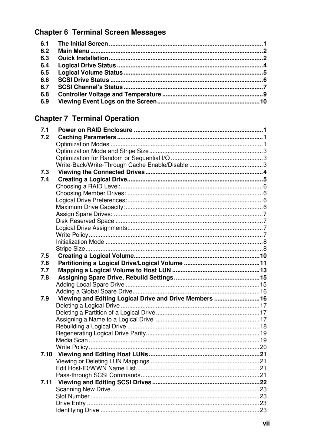 Compaq Infortrend manual Terminal Screen Messages, Terminal Operation, Vii 