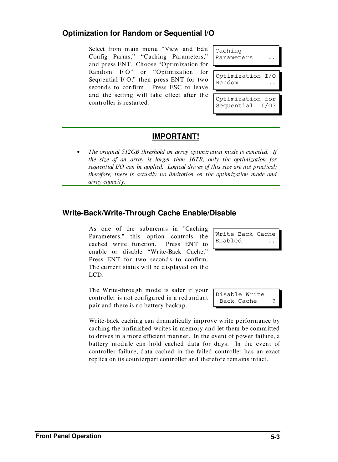 Compaq Infortrend manual Optimization for Random or Sequential I/O, Write-Back/Write-Through Cache Enable/Disable 