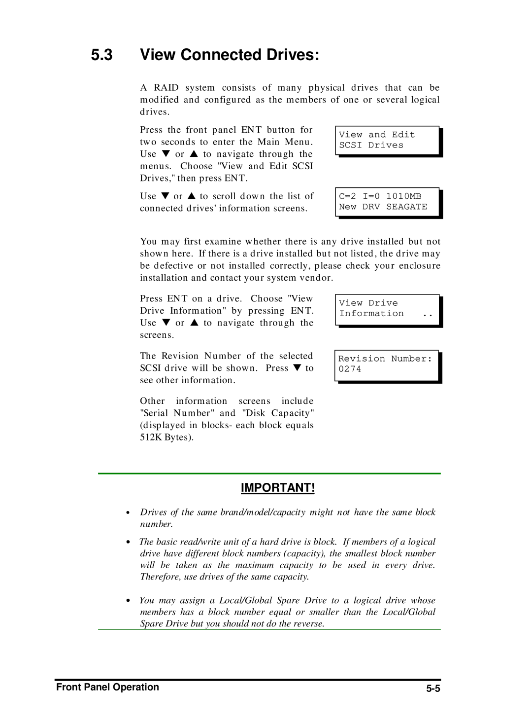 Compaq Infortrend View Connected Drives, View and Edit Scsi Drives, =2 I=0 1010MB New DRV Seagate, View Drive Information 