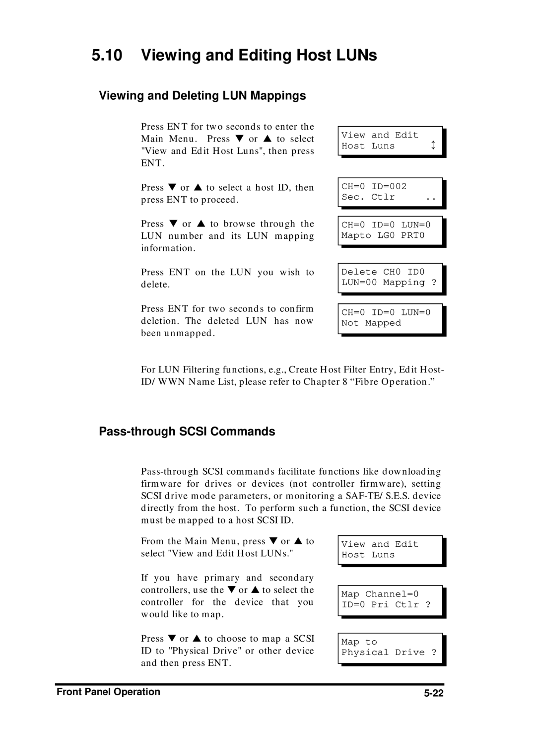 Compaq Infortrend manual Viewing and Editing Host LUNs, Viewing and Deleting LUN Mappings, Pass-through Scsi Commands 