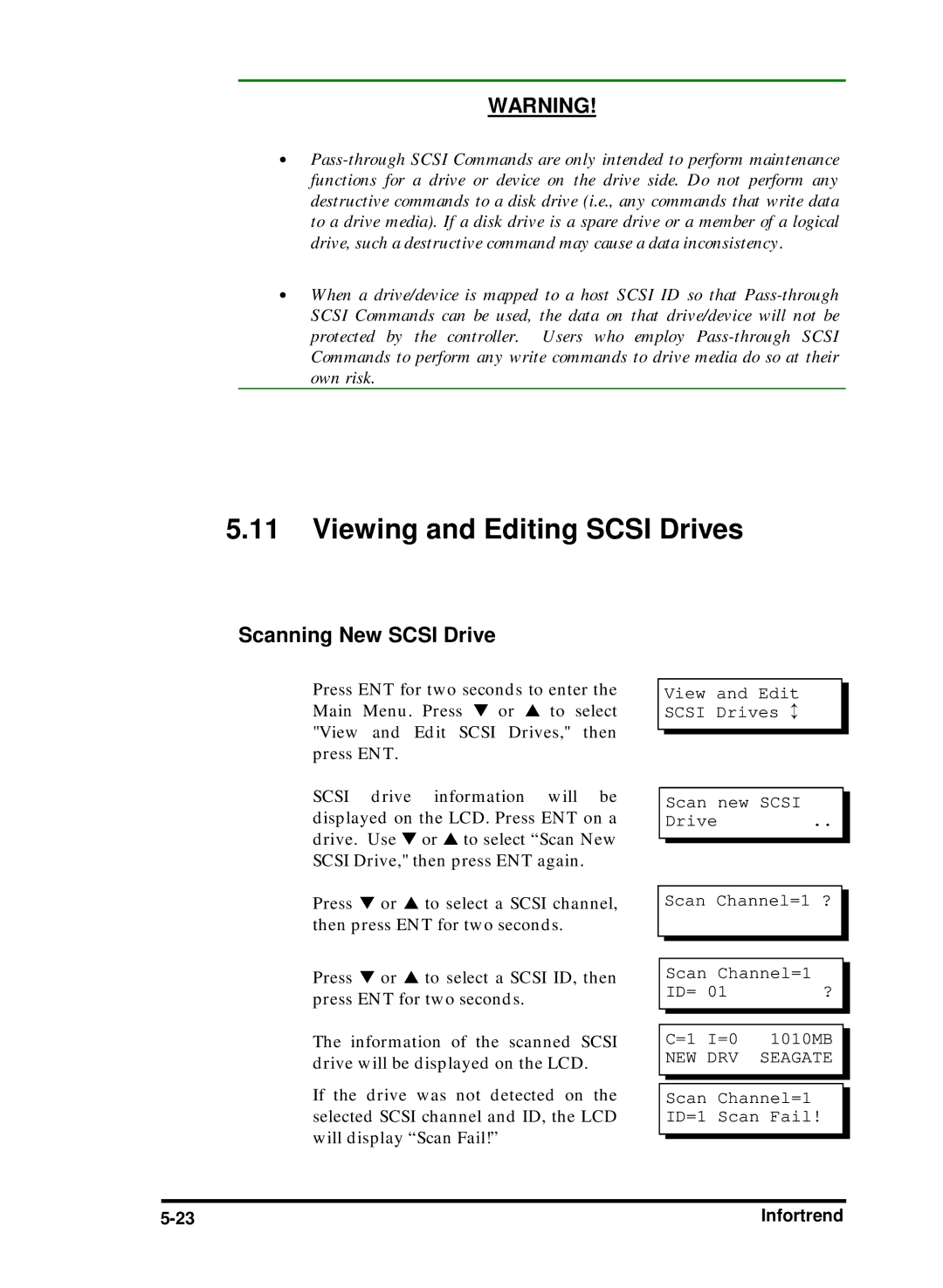 Compaq Infortrend manual Viewing and Editing Scsi Drives, Scanning New Scsi Drive, Scan Channel=1 ID=1 Scan Fail 