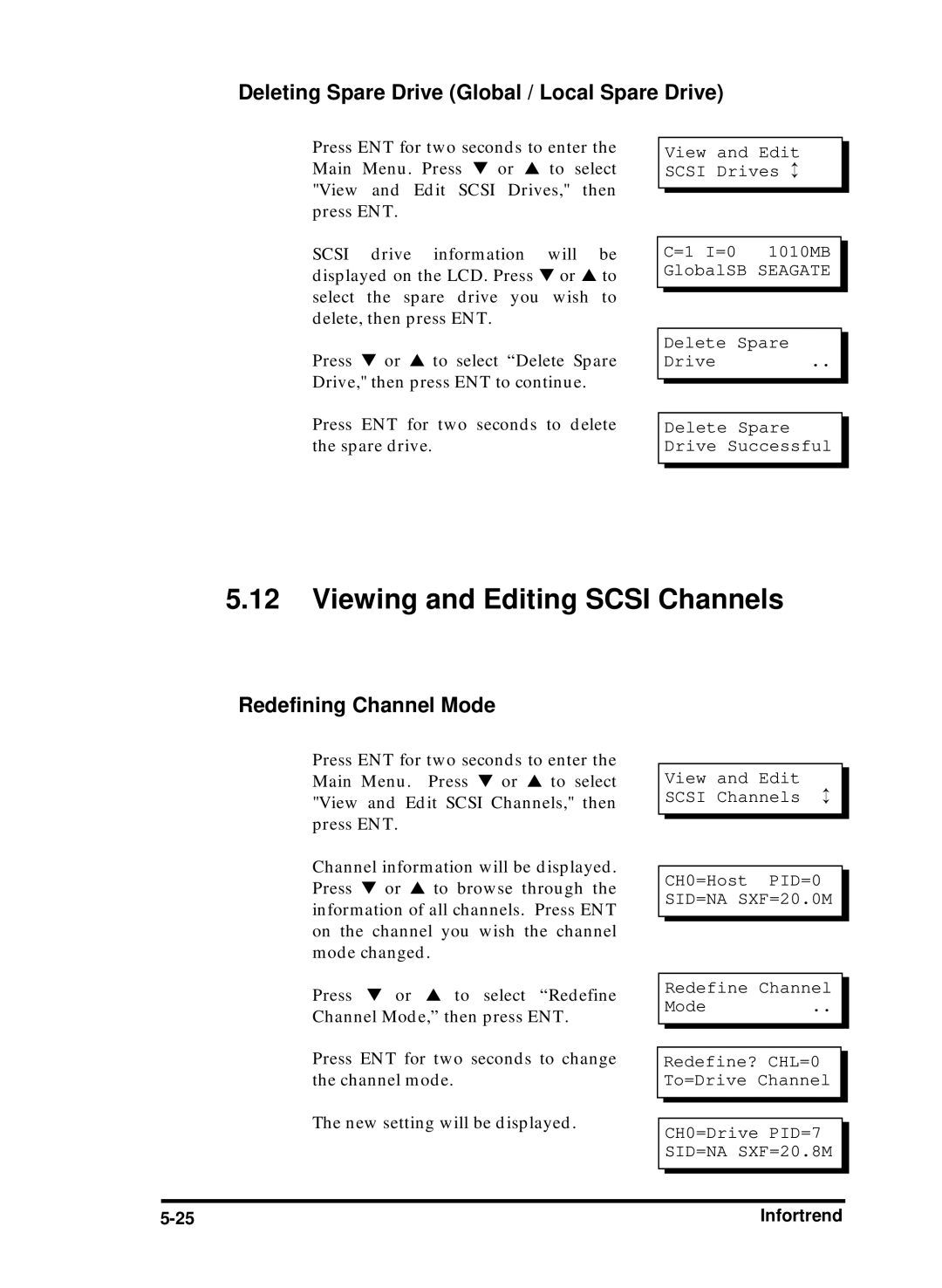 Compaq Infortrend manual Viewing and Editing Scsi Channels, Deleting Spare Drive Global / Local Spare Drive 