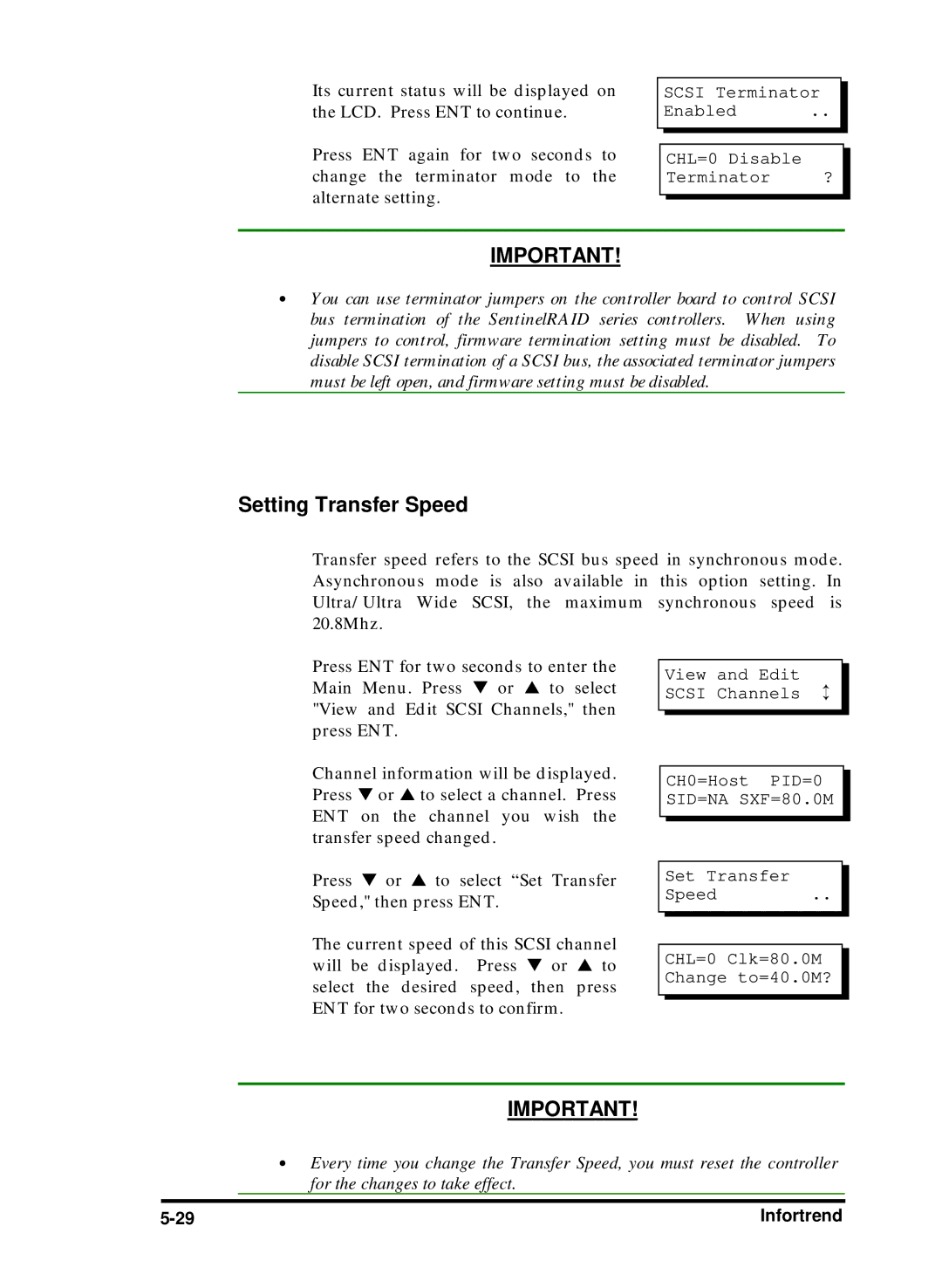 Compaq Infortrend manual Setting Transfer Speed, Scsi Terminator Enabled CHL=0 Disable Terminator ? 