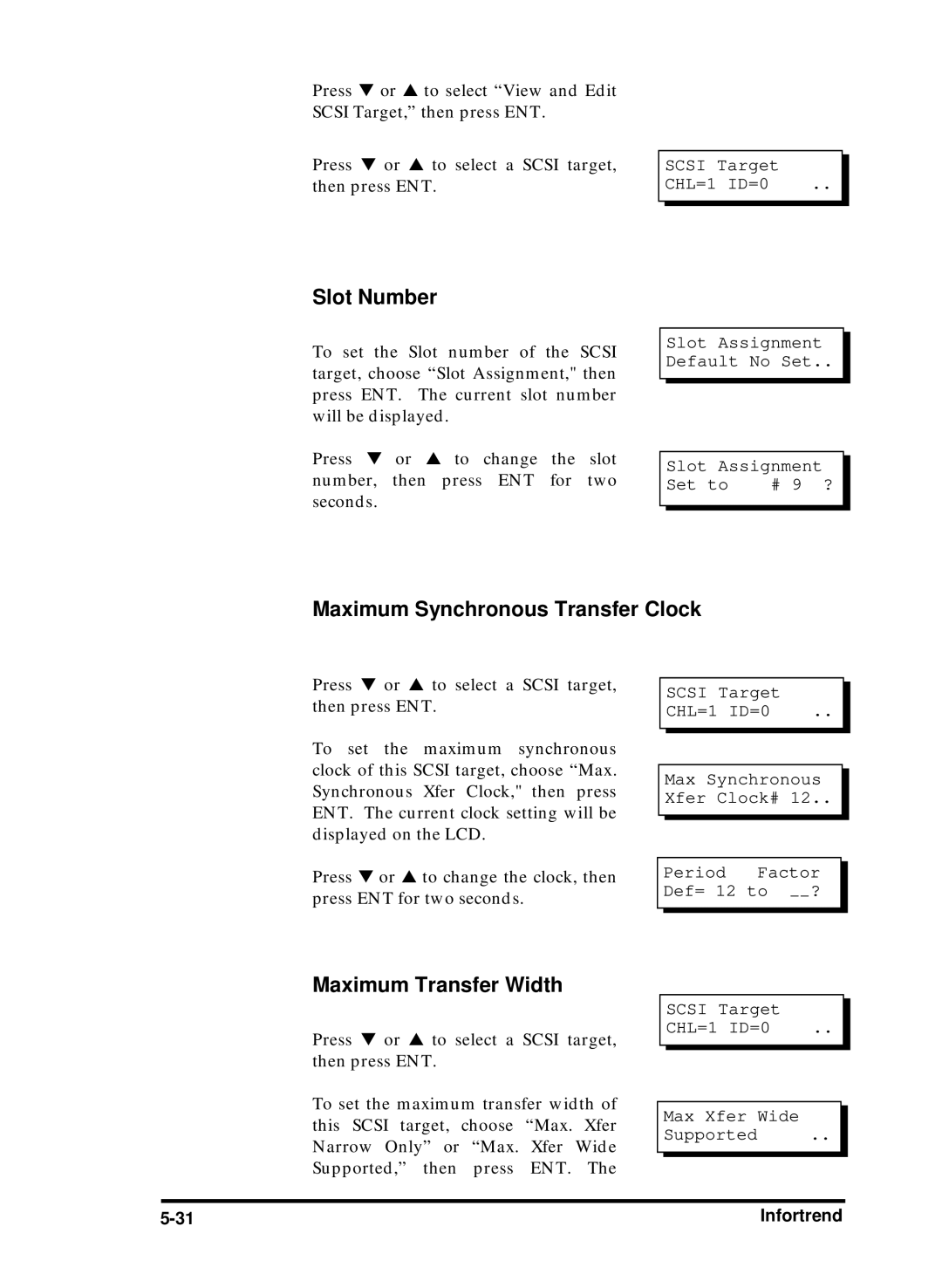 Compaq Infortrend manual Slot Number, Maximum Synchronous Transfer Clock, Maximum Transfer Width 