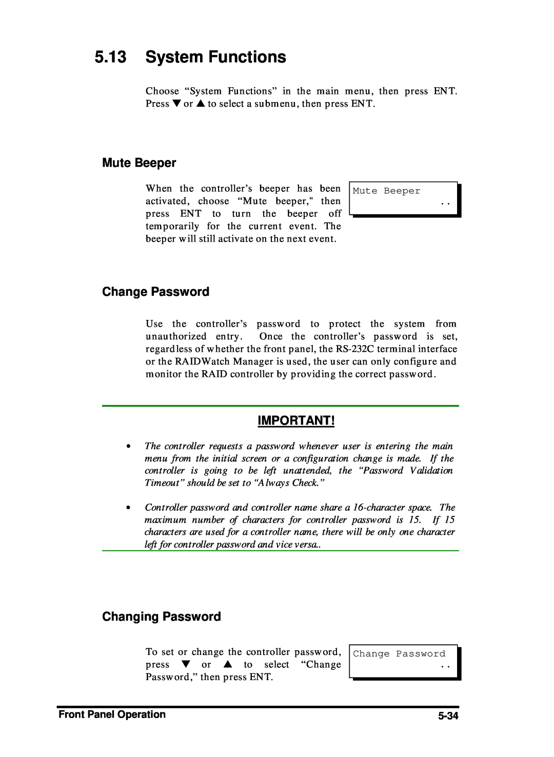 Compaq Infortrend manual System Functions, Mute Beeper, Change Password, Changing Password 