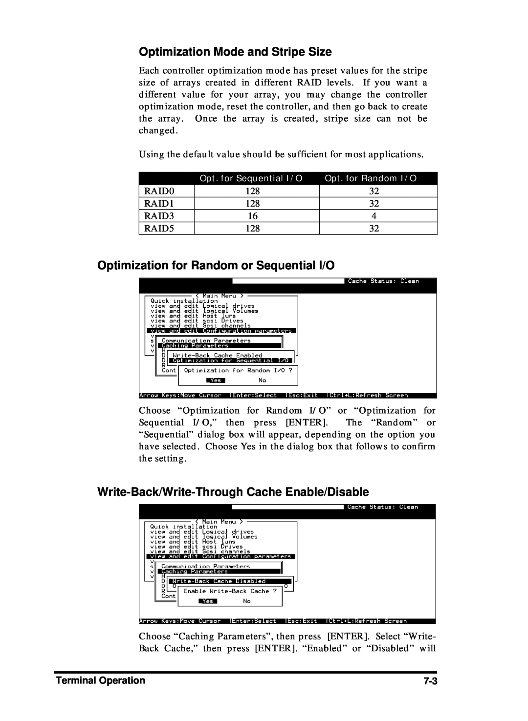 Compaq Infortrend manual Optimization Mode and Stripe Size, Optimization for Random or Sequential I/O, Terminal Operation 