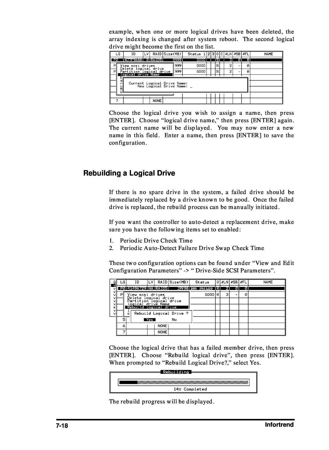 Compaq Infortrend manual Rebuilding a Logical Drive, 7-18 