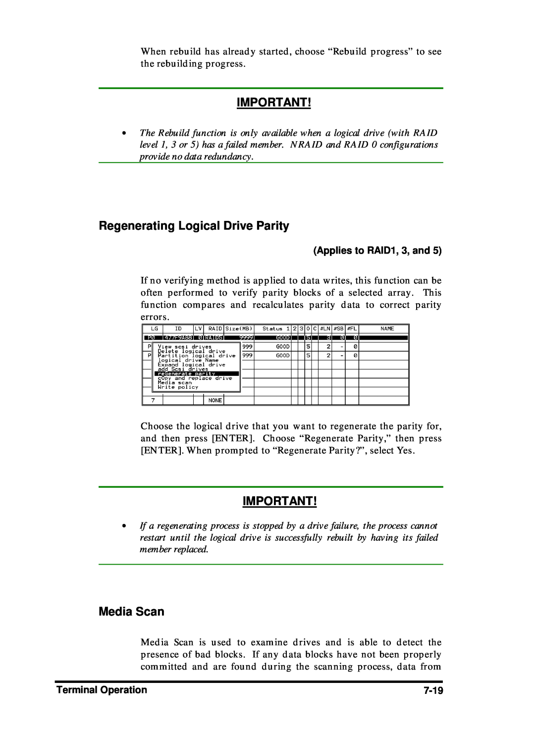 Compaq Infortrend manual Regenerating Logical Drive Parity, Media Scan 