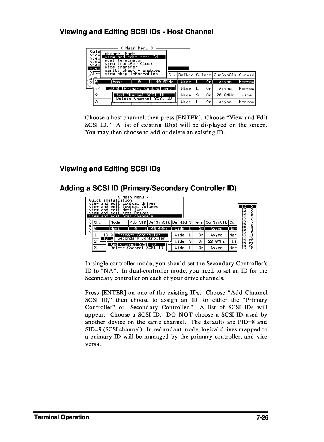 Compaq Infortrend manual Viewing and Editing SCSI IDs - Host Channel, Adding a SCSI ID Primary/Secondary Controller ID 