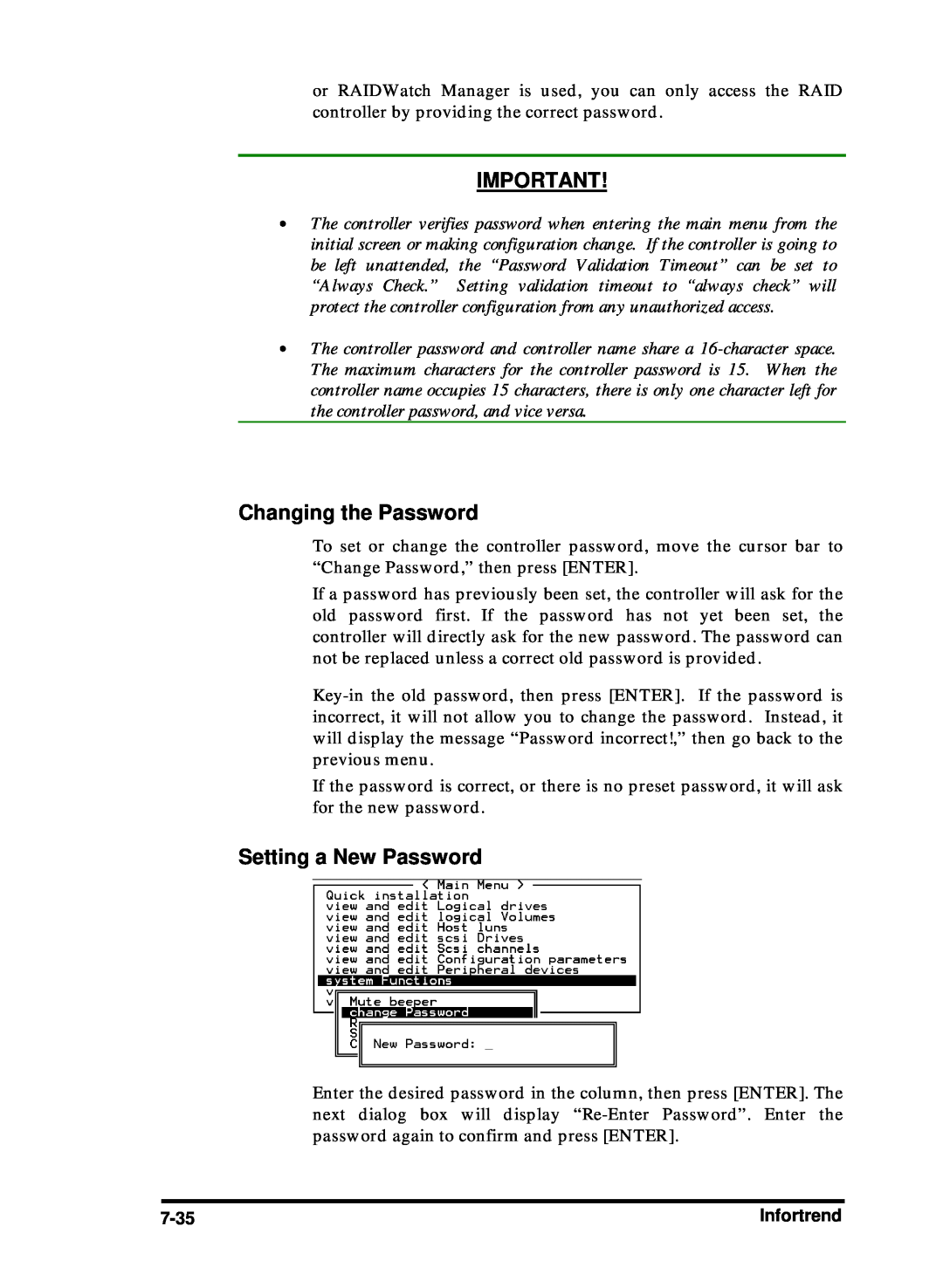 Compaq Infortrend manual Changing the Password, Setting a New Password 