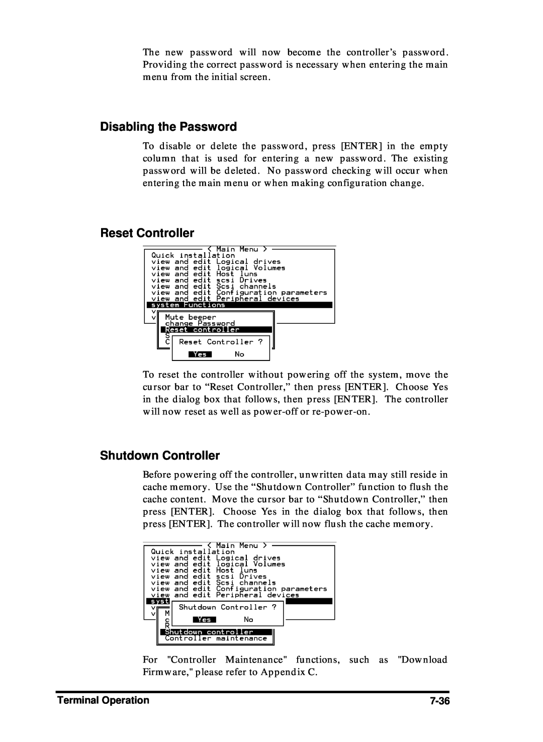 Compaq Infortrend manual Disabling the Password, Reset Controller, Shutdown Controller 