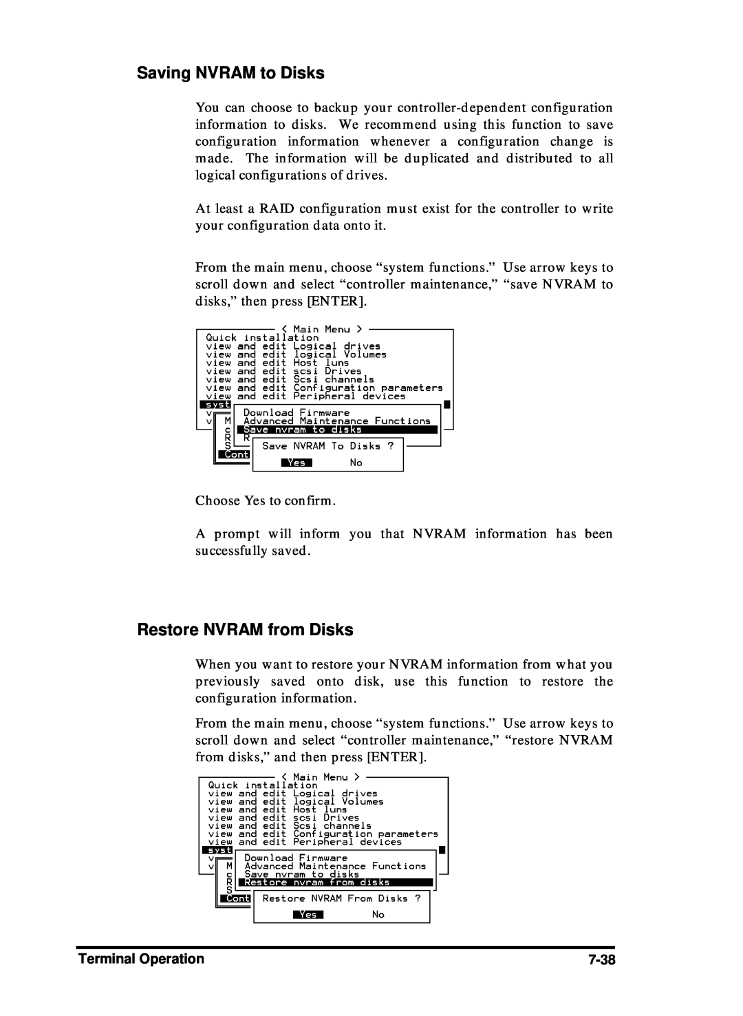 Compaq Infortrend manual Saving NVRAM to Disks, Restore NVRAM from Disks, Terminal Operation, 7-38 