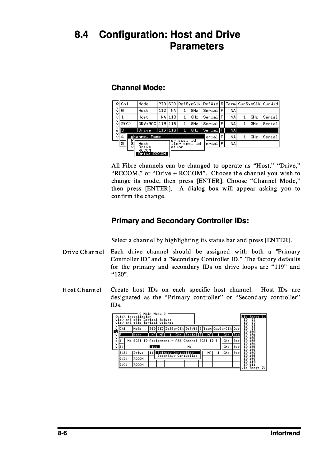 Compaq Infortrend manual Configuration Host and Drive Parameters, Channel Mode, Primary and Secondary Controller IDs 