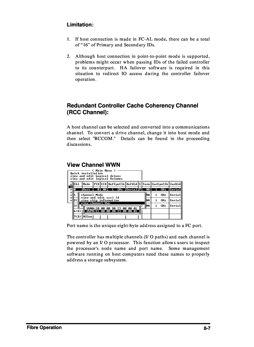 Compaq Infortrend manual Redundant Controller Cache Coherency Channel RCC Channel, View Channel WWN, Limitation 