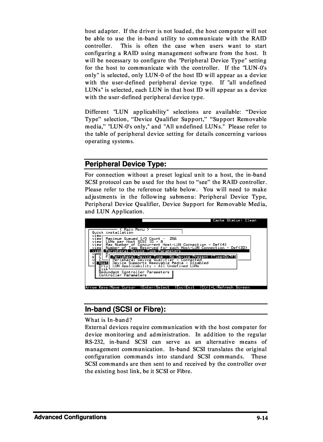 Compaq Infortrend manual Peripheral Device Type, In-band SCSI or Fibre, What is In-band?, 9-14 