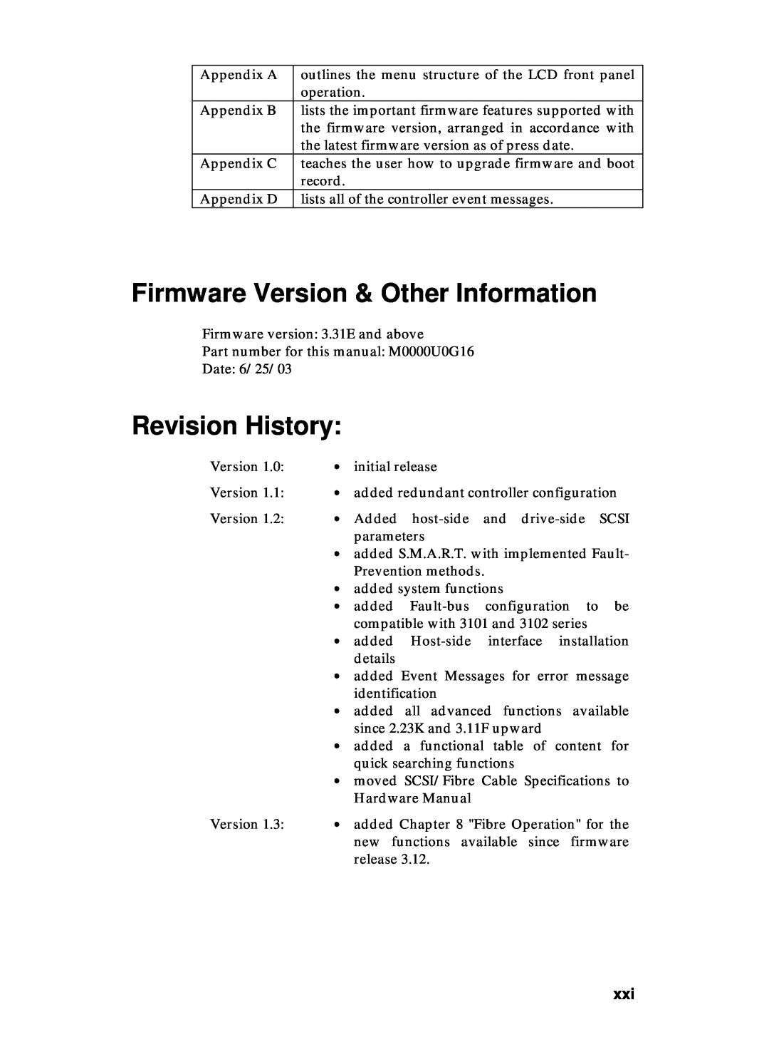 Compaq Infortrend manual Firmware Version & Other Information, Revision History 