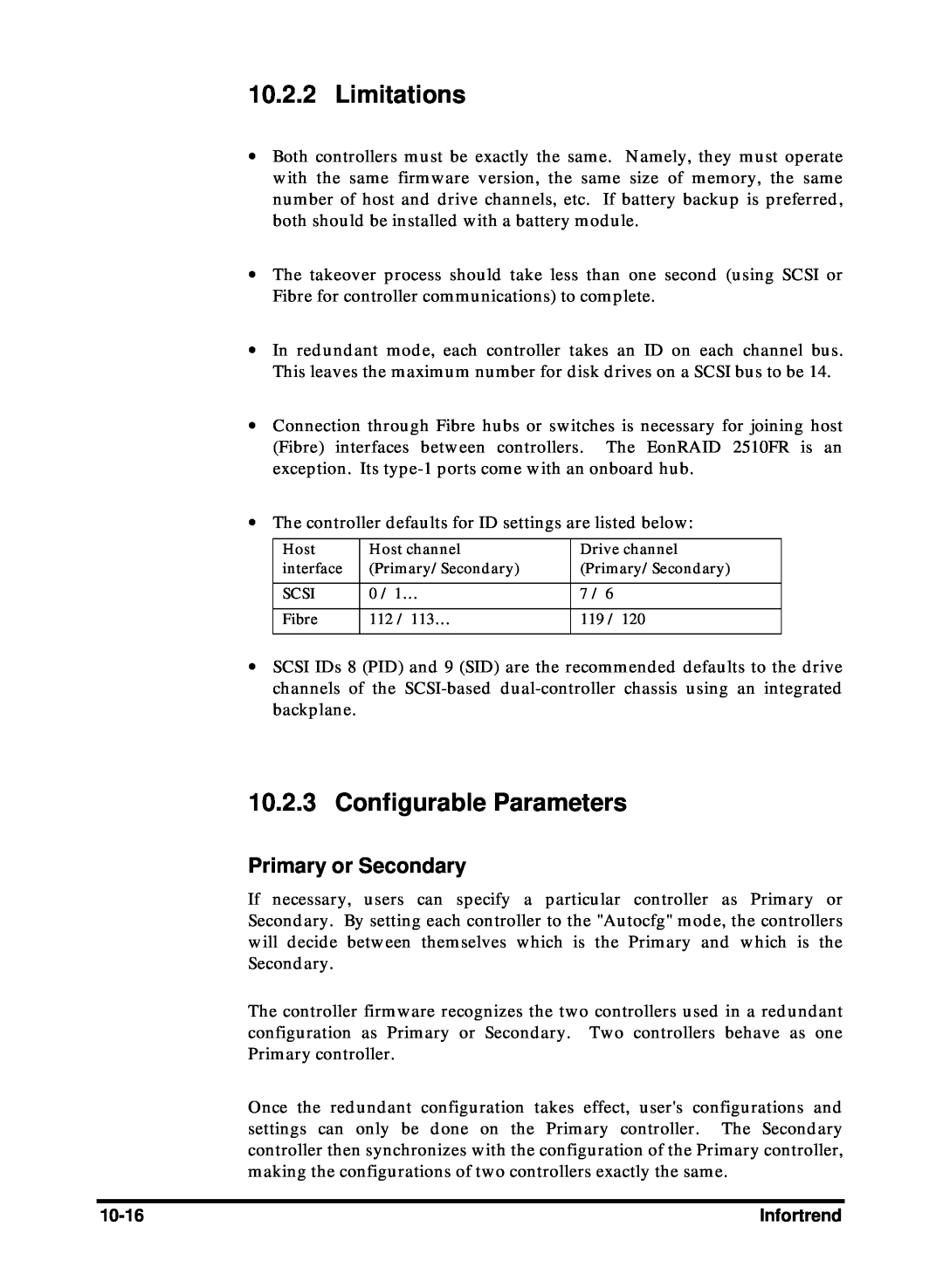 Compaq Infortrend manual Limitations, Configurable Parameters, Primary or Secondary 
