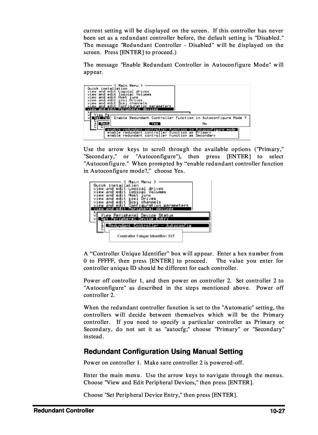 Compaq Infortrend manual Redundant Configuration Using Manual Setting, Redundant Controller, 10-27 