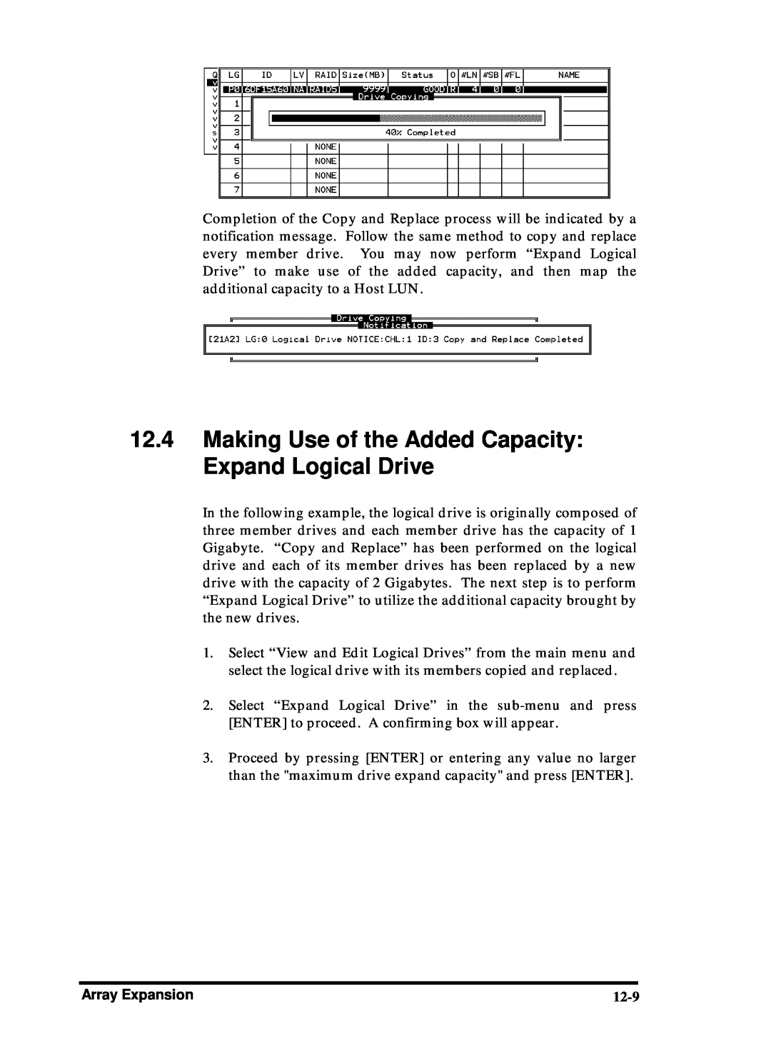 Compaq Infortrend manual Making Use of the Added Capacity Expand Logical Drive, 12-9 