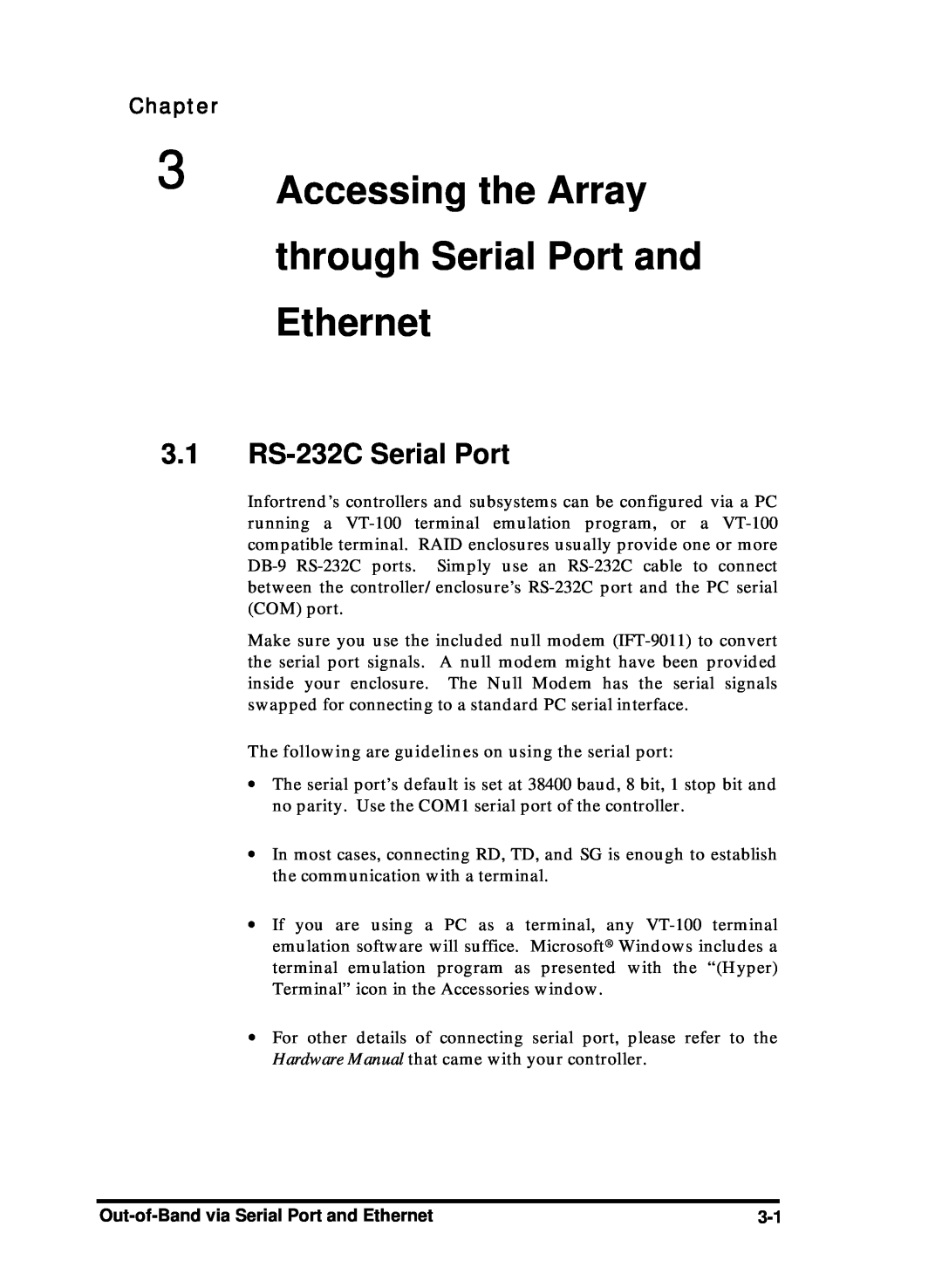 Compaq Infortrend manual Accessing the Array, through Serial Port and, Ethernet, 3.1 RS-232C Serial Port, Chapter 