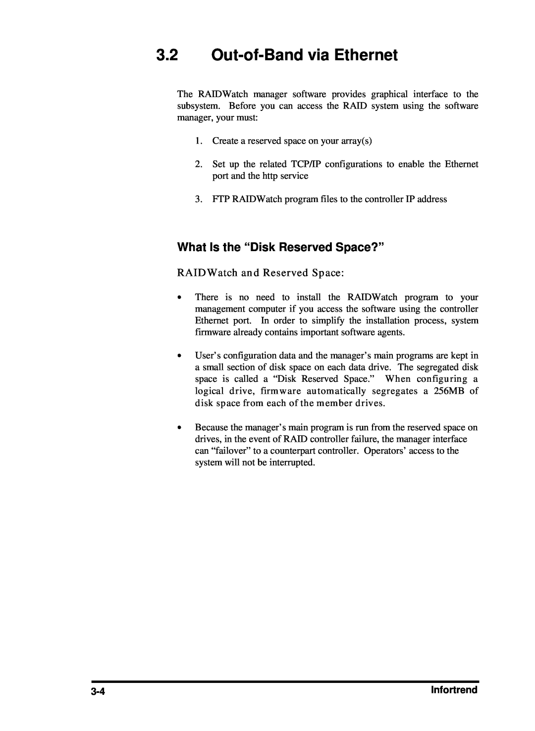 Compaq Infortrend manual Out-of-Band via Ethernet, What Is the “Disk Reserved Space?”, RAIDWatch and Reserved Space 