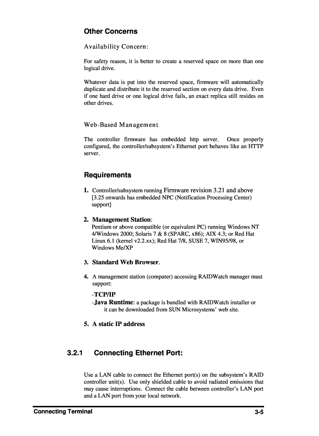 Compaq Infortrend manual Other Concerns, Requirements, Connecting Ethernet Port, Availability Concern, Web-Based Management 