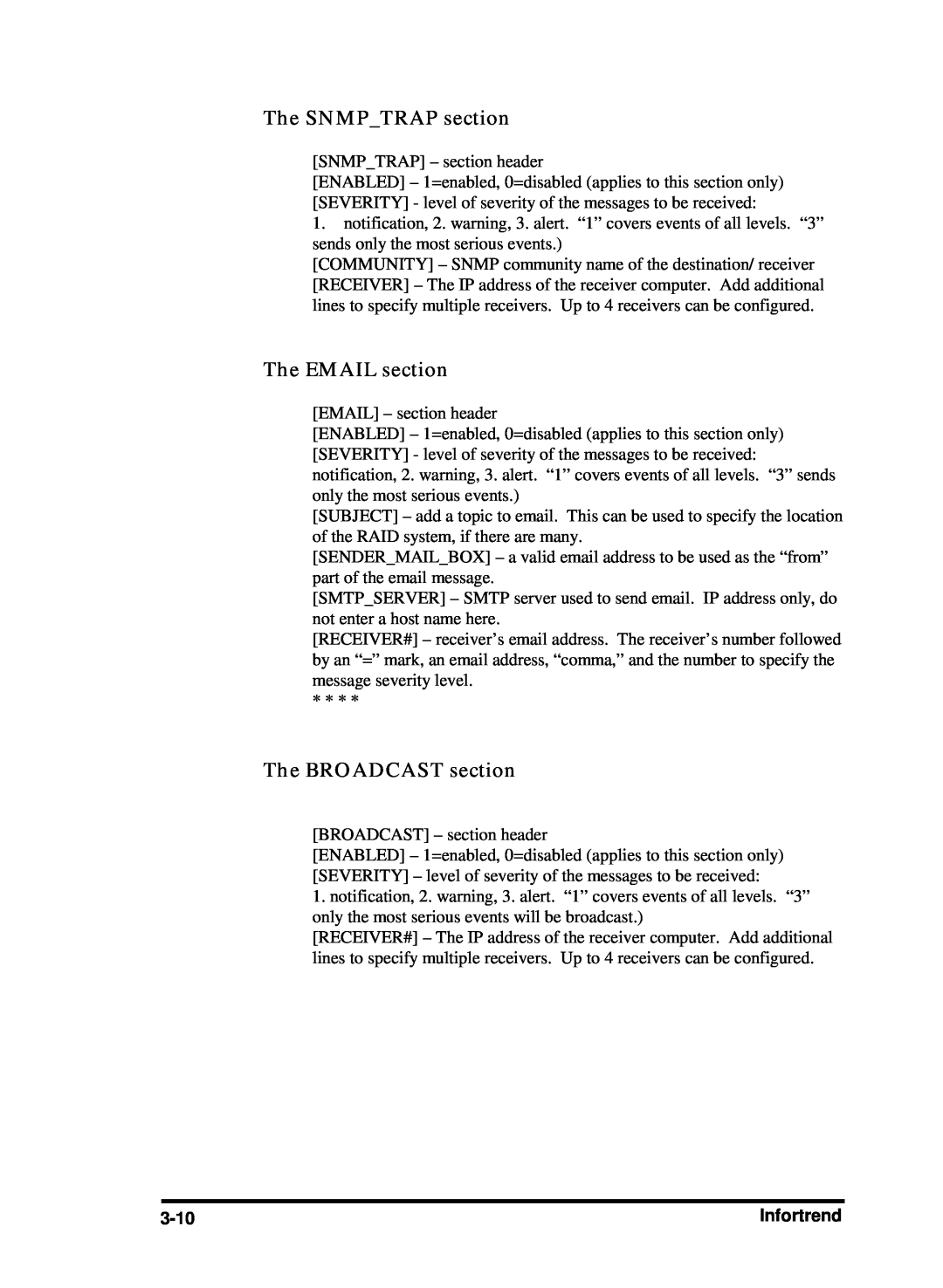 Compaq Infortrend manual The SNMPTRAP section, The EMAIL section, The BROADCAST section, 3-10 