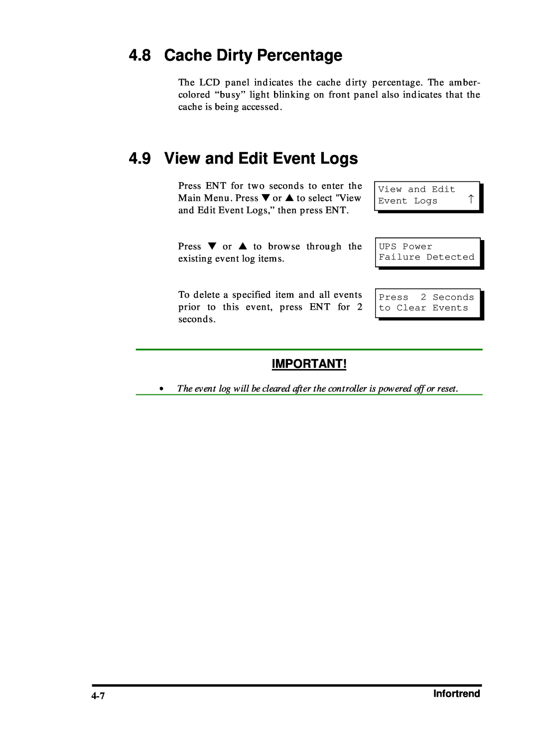 Compaq Infortrend manual Cache Dirty Percentage, View and Edit Event Logs 