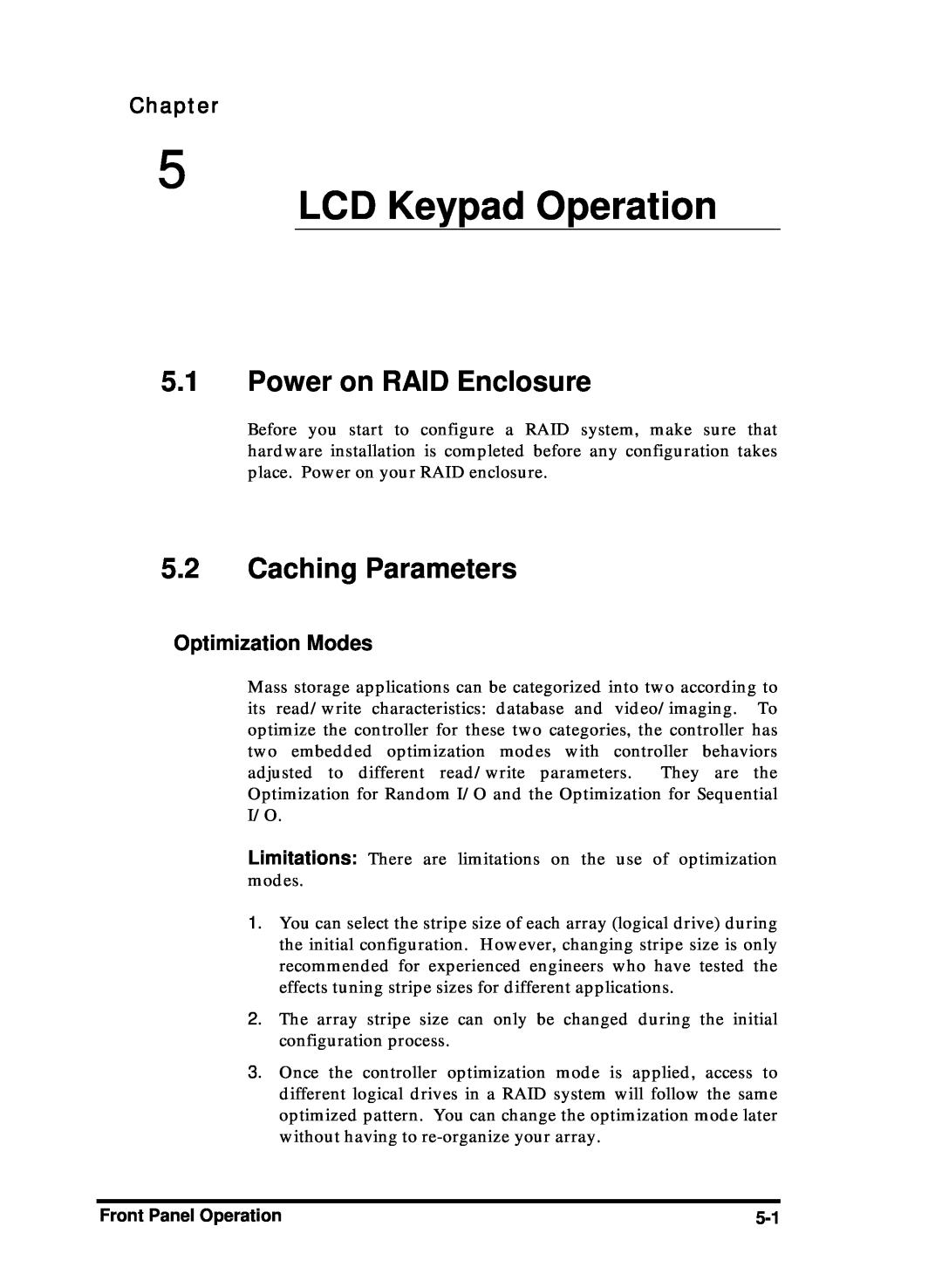 Compaq Infortrend manual LCD Keypad Operation, Power on RAID Enclosure, Caching Parameters, Optimization Modes, Chapter 