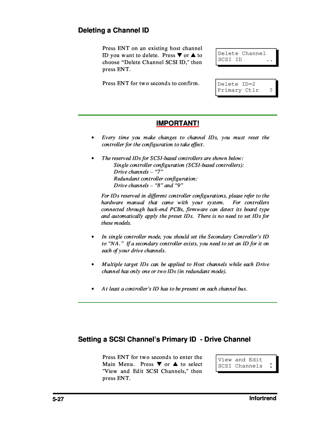 Compaq Infortrend manual Deleting a Channel ID, Setting a SCSI Channel’s Primary ID - Drive Channel 