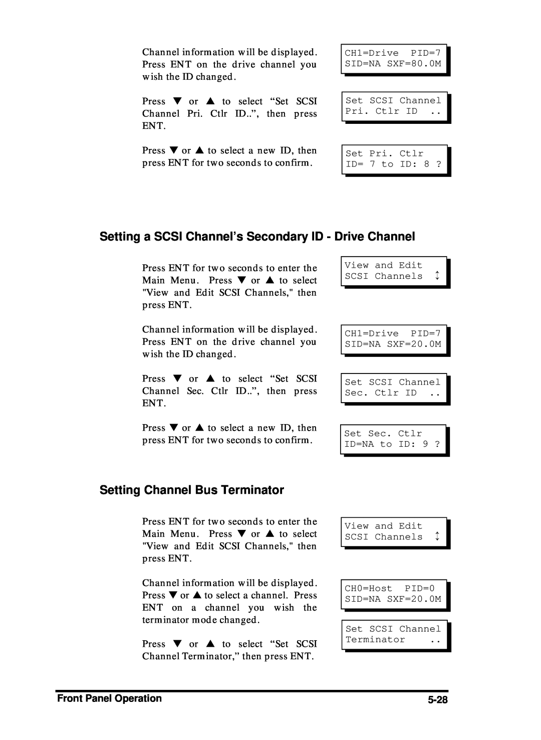 Compaq Infortrend manual Setting a SCSI Channel’s Secondary ID - Drive Channel, Setting Channel Bus Terminator, 5-28 