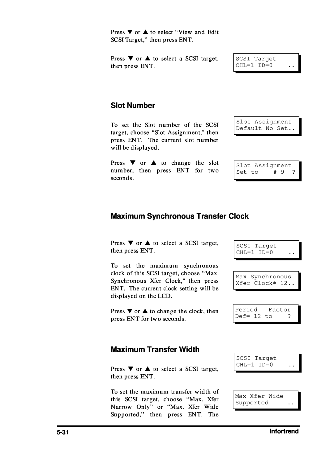 Compaq Infortrend manual Slot Number, Maximum Synchronous Transfer Clock, Maximum Transfer Width, 5-31 