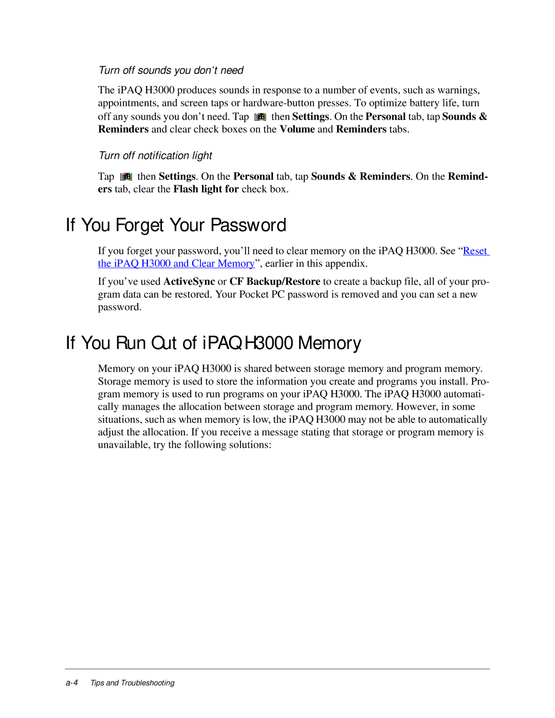 Compaq manual If You Forget Your Password, If You Run Out of iPAQ H3000 Memory, Turn off sounds you don’t need 