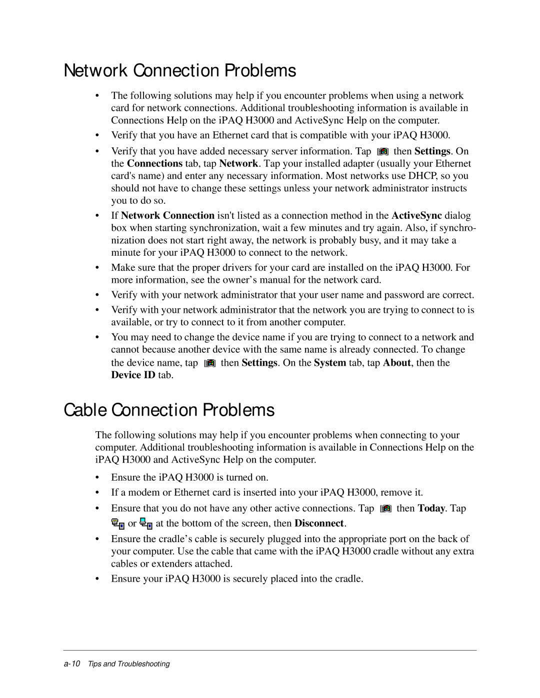 Compaq iPAQ H3000 manual Network Connection Problems, Cable Connection Problems 