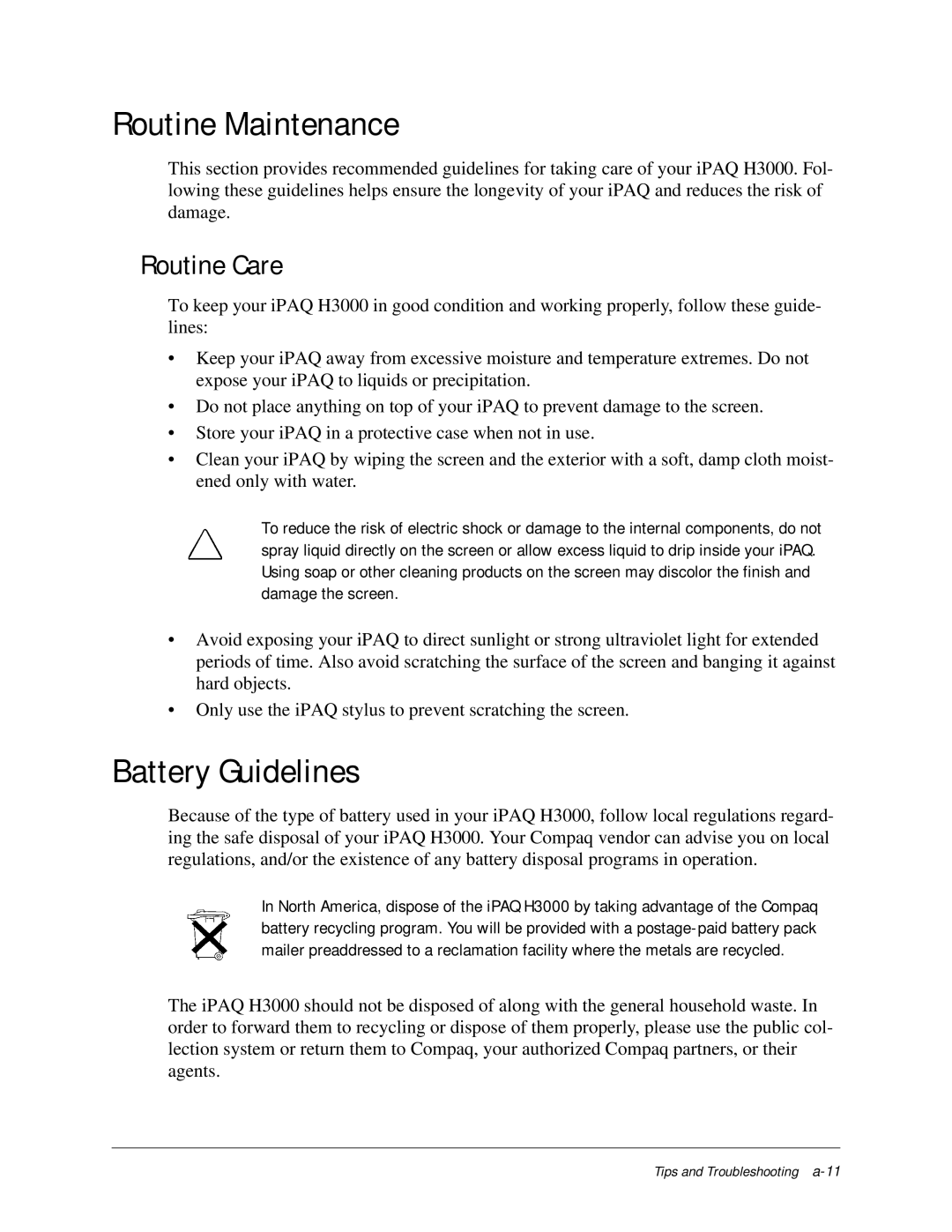 Compaq iPAQ H3000 manual Routine Maintenance, Battery Guidelines, Routine Care 