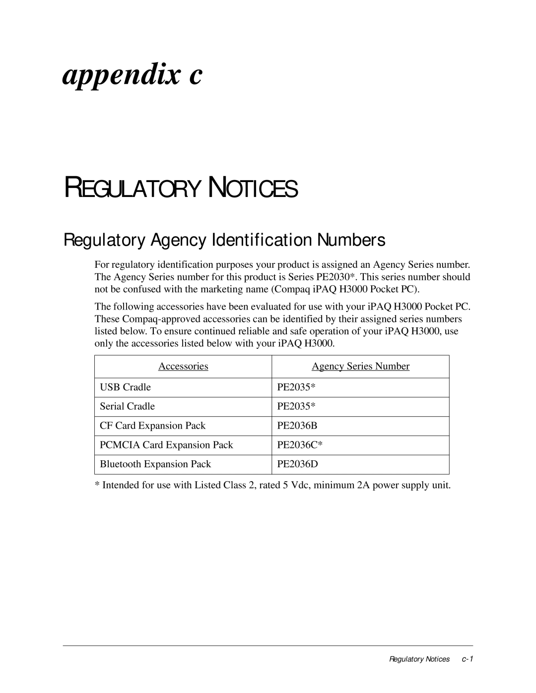 Compaq iPAQ H3000 manual Regulatory Notices, Regulatory Agency Identification Numbers 