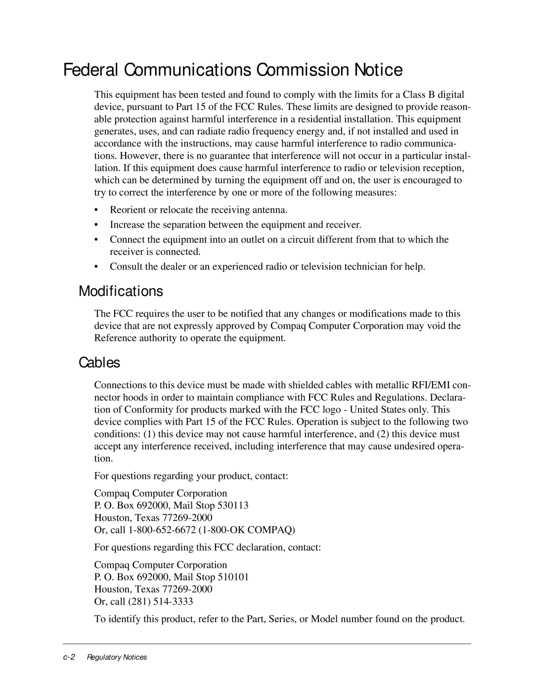 Compaq iPAQ H3000 manual Federal Communications Commission Notice, Modifications, Cables 