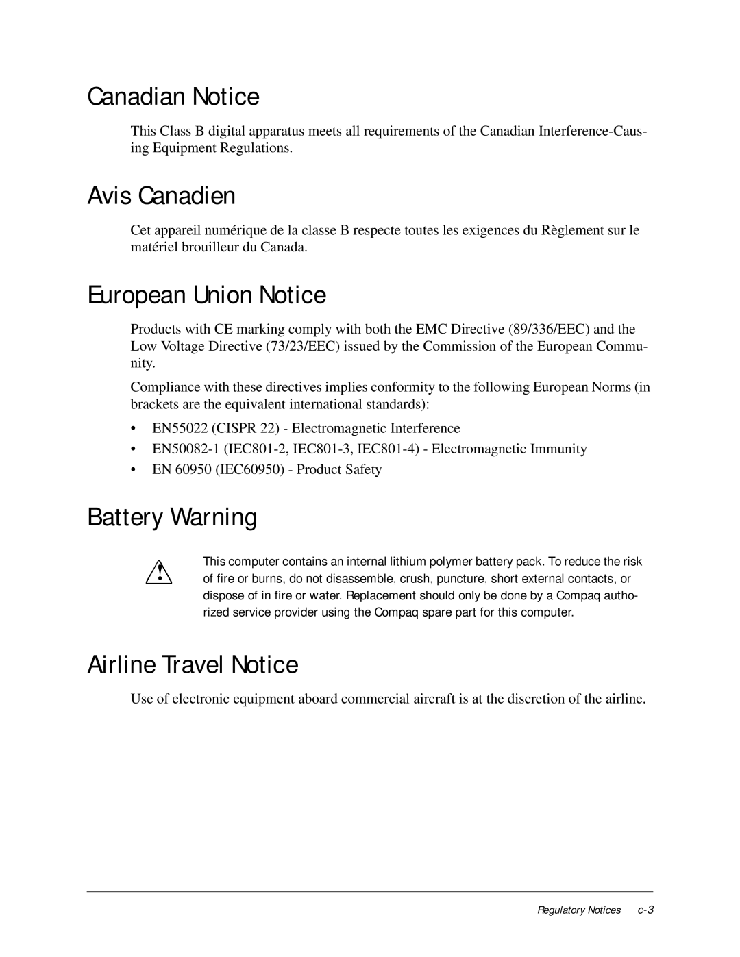 Compaq iPAQ H3000 manual Canadian Notice, Avis Canadien, European Union Notice, Battery Warning, Airline Travel Notice 