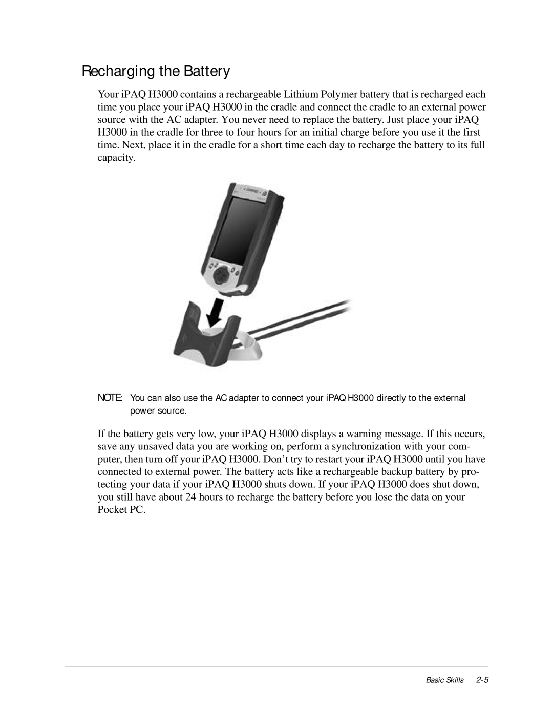 Compaq iPAQ H3000 manual Recharging the Battery, Power source 