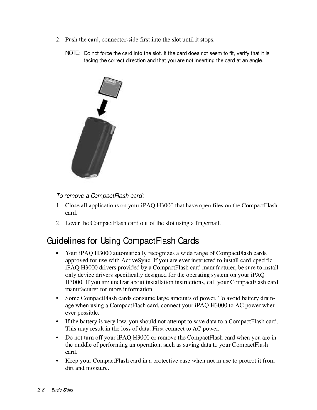 Compaq iPAQ H3000 manual Guidelines for Using CompactFlash Cards, To remove a CompactFlash card 