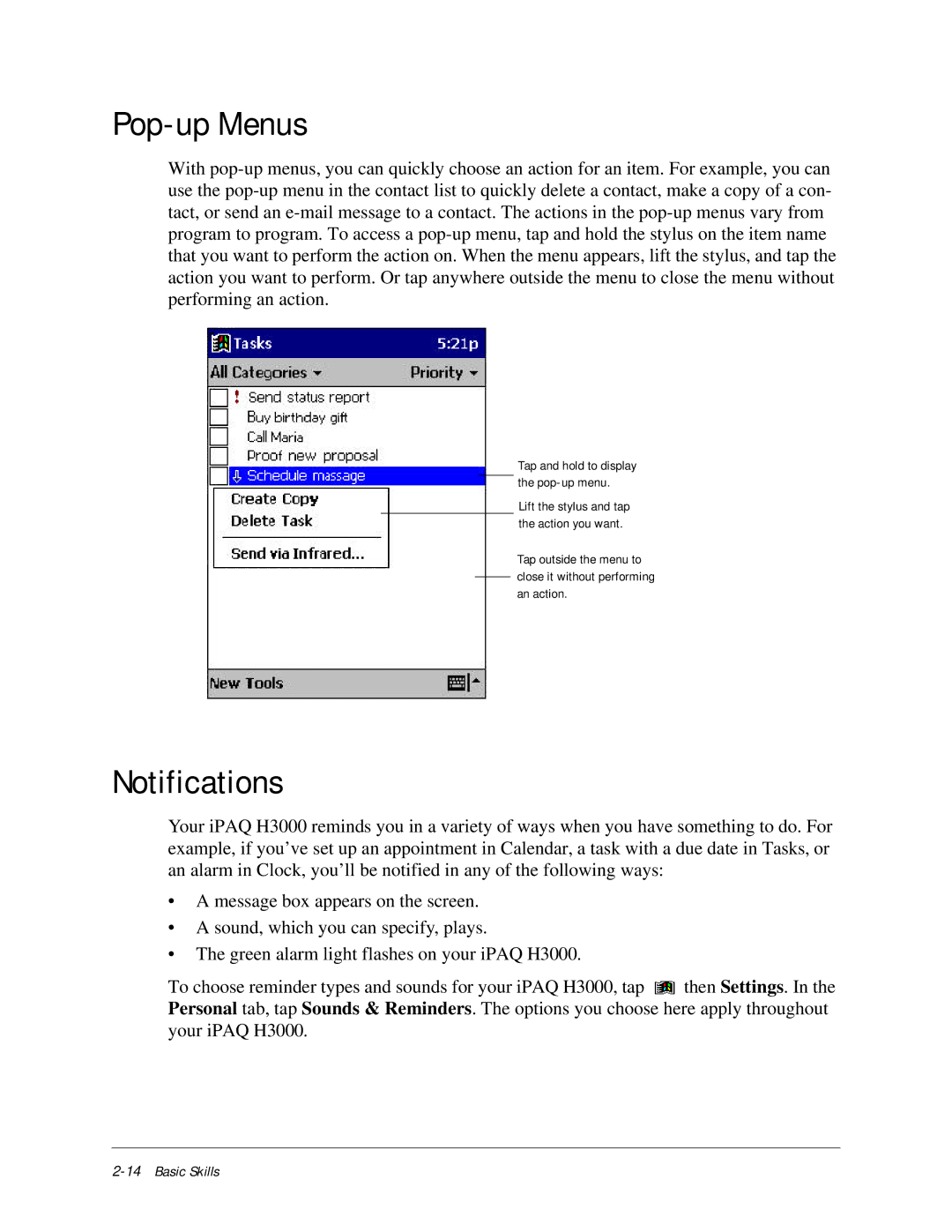 Compaq iPAQ H3000 manual Pop-up Menus, Notifications 